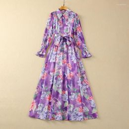 Casual Dresses European And American Women's Clothes 2024 Spring Lapel Flared Long Sleeves Purple Flower Print Fashion Pleated Dress XXL