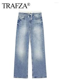 Women's Jeans TRAFZA 2024 Woman Trousers Denim Patchwork Loose Zipper Female Long Lace Up Wild Streetwear Wide Leg Pant