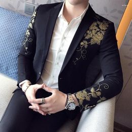 Men's Suits 2024 Luxury Gold Print Blazer Slim Fit Men Stage Cloth Social Party Wedding Dress Male Black Suit Jacket
