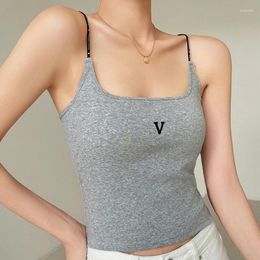 Women's Tanks HELIAR Women Letter Embroidery Cotton Crop Tops With Bra Pad Summer Rib Sports Bottom Camis Backless Casual Knit Tank Top