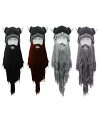 Wide Brim Hats Adult Crazy Funny Halloween Cosplay Knitted Viking Beard Horn Hat Ski Mask Barbarian Vagabond Vintage Beanie Cap Wi7902216