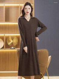 Casual Dresses Solid Wool Knitted Dress Women's Autumn/Winter Knee Length Long Robe Loose Large Size Polo Neck A-line Mid-calf Female
