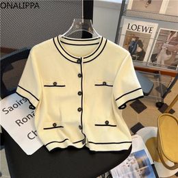 Women's Knits Onalippa Small Fragrance Short Sleeves Cardigan Women Contrast O Neck All Match Cropped Cardigans Korean Sweet Thin Shirts