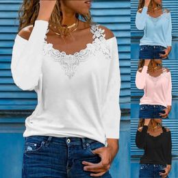 Women Fashion S-3XL Pink T-Shirt Casual Blouses Lace Stitching Cold Shoulder Long Sleeves Spring and Autumn Tops 240515