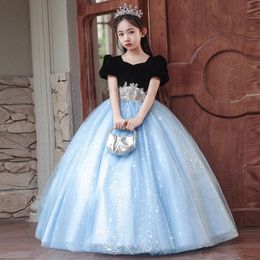 blue black sequined Flower Girl Dresses sky Blue Kids Pageant Gowns princess crystals Beaded Ball Gown Communion Special Occasion For Weddings birthday party gowns