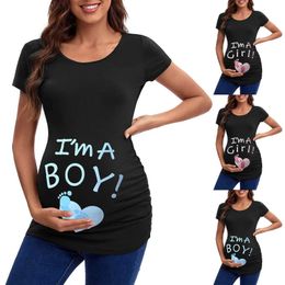 Maternity Tops Tees Pregnant womens short sleeved T-shirt with cute letter printed top at the neckline pregnant casual blended shirt Embarazo y women H240517