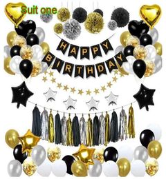 Black gold balloon pull flag birthday layout fish tail flag tassel paper flower ball fivepointed star balloon package decorat8714157