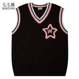 Autumn Sleeveless Sweater Vest Men Harajuku Star Embroidered Casual Pullover Women Japanese College Style Oversize Jumper Spring 240516