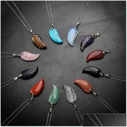 Pendant Necklaces Aura Healing Crystal Quartz Gemstone Jewelry Angel Wings Carved Stone Necklace Unisex Drop Deliv Delivery Dh576