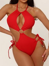 Women's Swimwear Sexy Thong Bikini 2024 Women Red Hollow Out Ring Linked Drawstring Side One Piece Swimsuit Beach Backless Bathing Suit