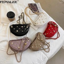 Shoulder Bags Luxury Women Half Moon Chains Handbag Trendy Design Pearl Diamond Lattice Purse 2024 Elegant Female Messenger Bolsa