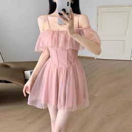 Korean One-piece Swimsuit Women Summer High Waist Sexy One-shoulder Fairy Style Girl Ruffled Dress Swimwear Pink Black Beachwear