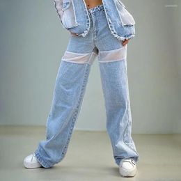 Women's Jeans Casual Straight Denim Pants For Women High Waist Patchwork Sheer Mesh Hit Colour Floor Length Pant Female Fashion Clothes