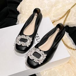 Casual Shoes Spring Summer Women Flats Round Toe Rhinestone Leather Slip-on Loafers Girl Comfortable Boat