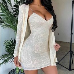 Runway Dresses 2 pcs/set Fashion Sequin Glitter Long Slve Cardigan Coat and Sparkly Spaghetti Strap Backless Mini Dress Evening Party Women T240518