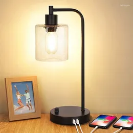 Table Lamps Industrial Lamp With 2 USB Charging Ports Modern Nightstand Glass Shade Bedside Desk For Bedroom Living Room