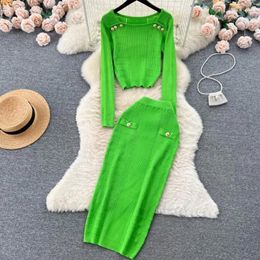 Work Dresses Elegant Chic Women Knitted Skirts Suit Autumn Solid Slim Sweater Tops Long Skirt Two Pieces Set Female Party Vintage Clothing