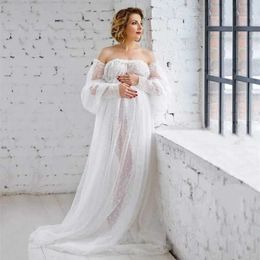 Maternity Dresses White dot mesh pregnant womans long dress for photography taken through large-sized lantern sleeves for pregnancy photos H240518