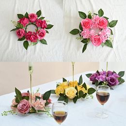 Decorative Flowers European Rose Wreath Candlestick Garland Decor Wedding Party Table Artificial Festival Desktop Small