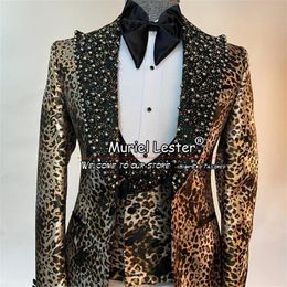 Leopard Wedding Suits For Men Fit Slim Black Beading Lapel Jacket Vest Pants 3 Pieces Formal Groom Tuxedos Custom Man Clothing 240517