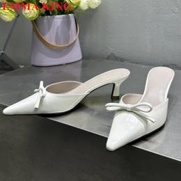 Fashion Butterfly-knot Women Slippers Sandals Genuine Leather Shallow Pointed Toe Mules Stripper Summer Sandals Ladies Shoes 240516