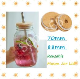 70mm86mm Friendly Mason Lids Reusable Bamboo Caps Tops with Straw Hole and Silicone Seal for Masons Canning Drinking Jars Topa12 2962611