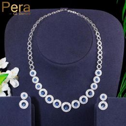 Earrings Necklace Pera Exclusive Design Royal Blue Cubic Zirconia Round Circle Link Choker Women Wedding Party Jewelry Set For B5403173