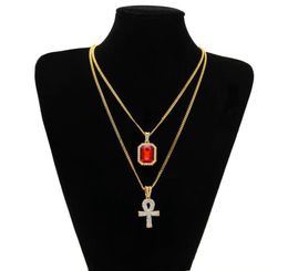 Egyptian Ankh Key of Life Bling Rhinestone Pendant With Red Ruby Pendant Necklace Set Men Fashion Hip Hop Jewelry2165536