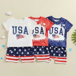 Clothing Sets July 4th Childrens and Boys Clothing National Flag Letter Printed Round Neck Short sleeved Tshirt Top and Star Printed Short sleeved 2piece Clothing Se