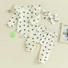 Clothing Sets Baby Girls Spring Waffle Outfit Lucky Shamrock Print Long Sleeve Romper Pants Headband Holiday St. Patrick 's Day Costume Set