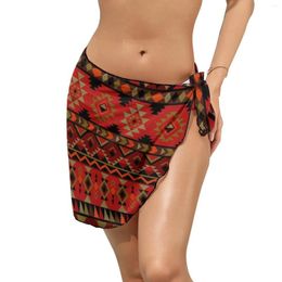 Vintage Ethnic Chiffon Beach Bikini Cover Up Red Aztec Print Cover-Ups Woman Custom Wrap Scarf Swimwear Elegant Wear Gift