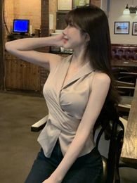 Women's Blouses Sexy For Women Chic Pleated Bandage V-neck Sleeveless Crop Tops Korean Temperament Shirts 2024 Blusas Mujer De Moda V735
