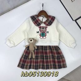 boys girls T-shirt Girls' Early Children's Spring Autumn Doll Neck Little Bear Plaid Skirt Spliced Fake Two Piece Dress