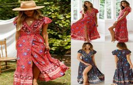 Women Floral Clothes Short Sleeve Vintage Boho Maxi Long Split Dress Dresses2638140