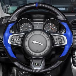 100% Fit For Jaguar XFL XE XJL F-PACE XKR car Interior DIY Hand-stitched black ultrathin nonslip wear resistant carbon Fibre Genuine Leather car steering wheel cover