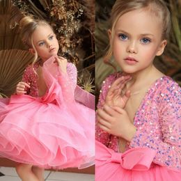 Short Flower Girl Dress Pink Wrap Sequins Bead Christmas Princess Girls Pageant Gowns Tulle Birthday First Communion Dress 2113