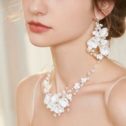 SLBRIDAL s Austrian Crystal Pearls Ceramic Flower Wedding Jewelry Set Bridal Necklace Earring Part Women 240506