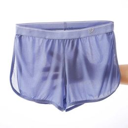 WJ Sexy Sleep Bottoms Men Shorts Ice Silk Mesh Breathable Underwear Boxers Transparent Wear Underpants 240509