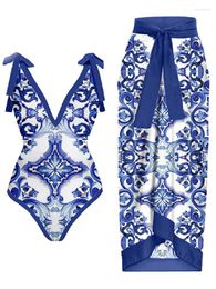 Women's Swimwear Blue Bikini Printed Fashion One Piece Swimsuit And Cover Up With Skirt Tight Bandage Summer Beach Luxury Elegant