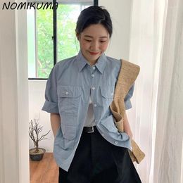 Women's Blouses Nomikuma Korean Chic Summer Niche Retro Turn-down Collar Multiple Pockets Versatile Short Sleeved Shirt Jacket For Women