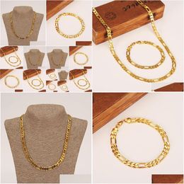 Bracelet Necklace Wholesale Classic Figaro Cuban Link Chain Sets 14K Real Solid Gold Filled Copper Fashion Men Womens Jewellery Drop Del Otrdf