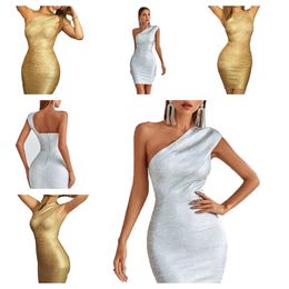 Goth Summer Dresses for Women Party Festival Mini Dresses Summer One Shoulder Pencil Dresses Gold Silver SML kjolar för kvinnors festklänningar Kvinnliga klädkjolar sexiga