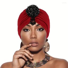 Ethnic Clothing African Women Beaded Tassel Chemo Cap Bonnet Hijab Muslim Headwear Wrap Pleated Beanie Hair Loss Cancer Hat Cover Turbante