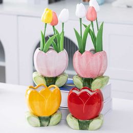 Vases Cute tulip flower ceramic vase decoration living room arrangement dining table floral makeup pen storage bucket H240517