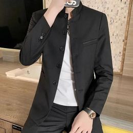 Men's Suits Black Chinese Style Standing Neck Long Sleeved Slim Fit Fashion Versatile Solid Colour Suit Single Breasted Jacket