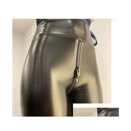 Women'S Leggings Womens Sexy Open Crotch Pants For Women Black Matte Leather Double Zipper Bodycon Trousers Ladies Exotic Slim Night Dhv3F