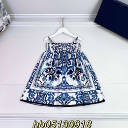 kids Dresses Summer Line Girls' Beach Resort Style Temperament Ladies' Full Print Blue White Porcelain Totem Sling Dress