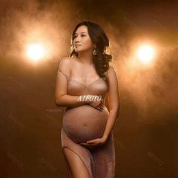 Maternity Dresses Maternity Dress for Photography Free size Deep V-Neck Womens Gold Knitted Robe Gown Pregnancy Photo Shoot Props Clothing H240518