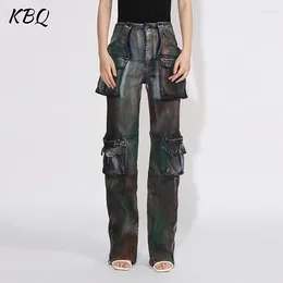 Women's Jeans KBQ Streeetwear Hit Colour For Women High Waist Patchwork Pockets Vintage Casual Straight Leg Denim Pants Female Clothing