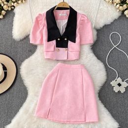 Work Dresses Fashion 2pcs Women Outfits Colorblock Patchwork Turn-down Collar Short Sleeve Crop Tops Elastic High Wasit Skirts Female Suits